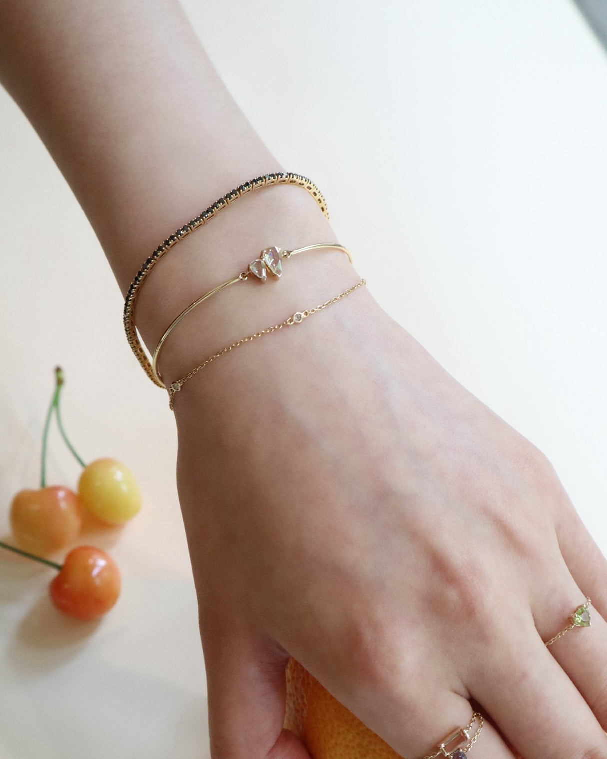 Diamond Double Pear Rose Cut Bangle 18k gold Stackable design on model 1