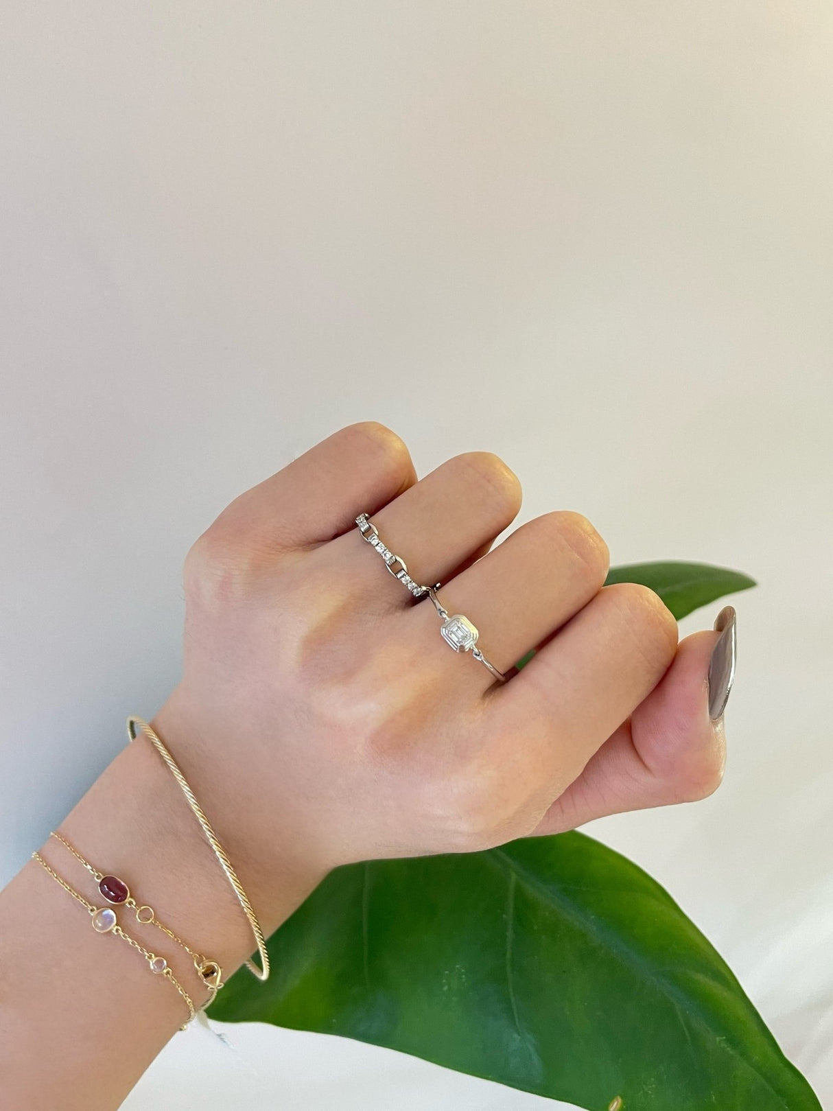 Diamond Frame Ring pt 900 Stackable ring on model