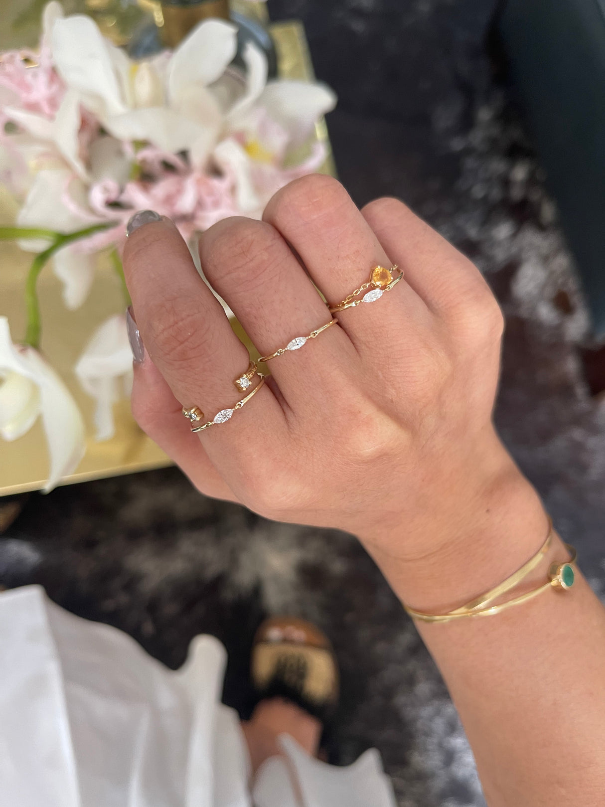 Diamond Marquise Petite Circle Ring 14k gold stackable ring on model