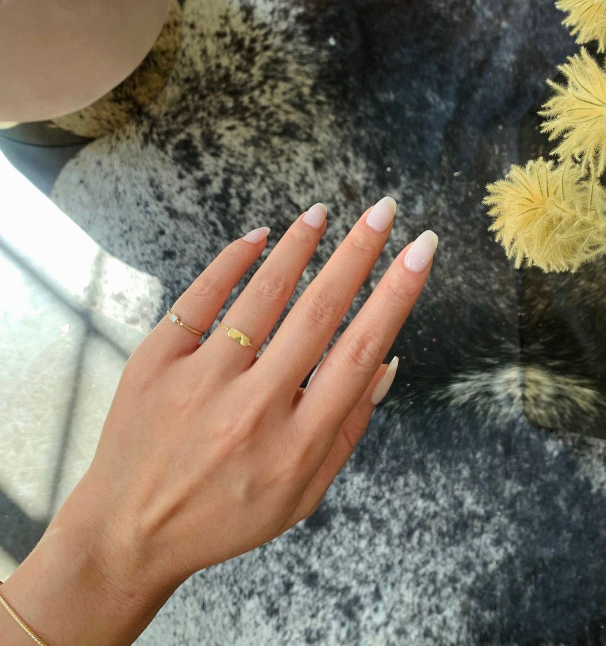 Diamond Princess Cut Petite Circle Ring 14k gold stackable ring on model