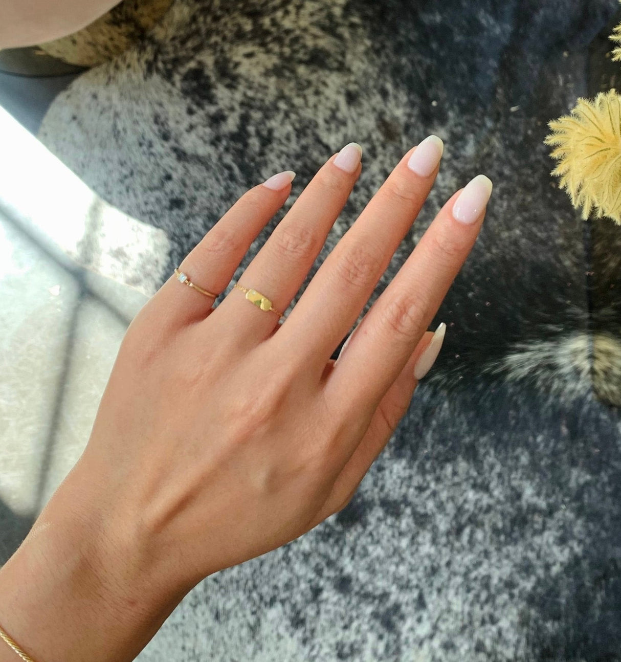 Diamond Princess Cut Petite Circle Ring 14k gold stackable ring on model