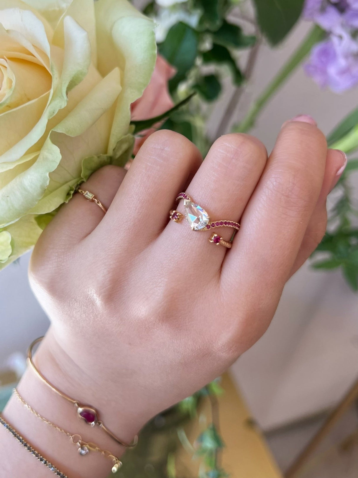 Diamond & Ruby Curvature Supreme Ring 18k gold engagement ring on model