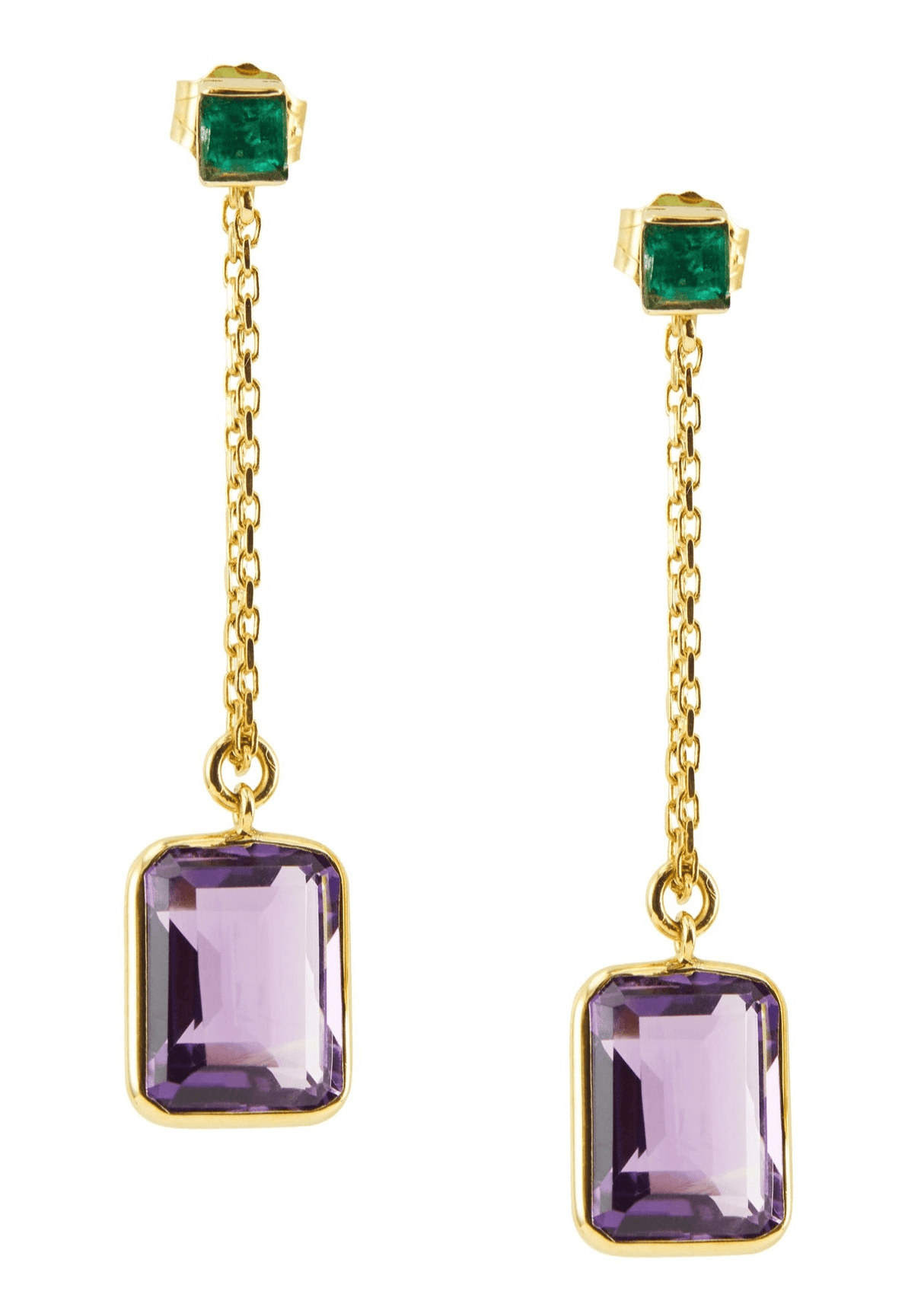 Emerald & Amethyst Earrings 18K Gold Handmade Fine jewelry