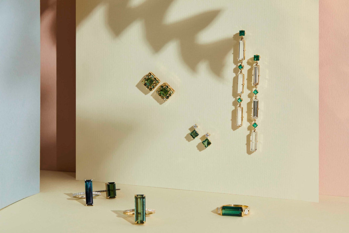 Emerald & White Topaz Cascade Bar Earrings