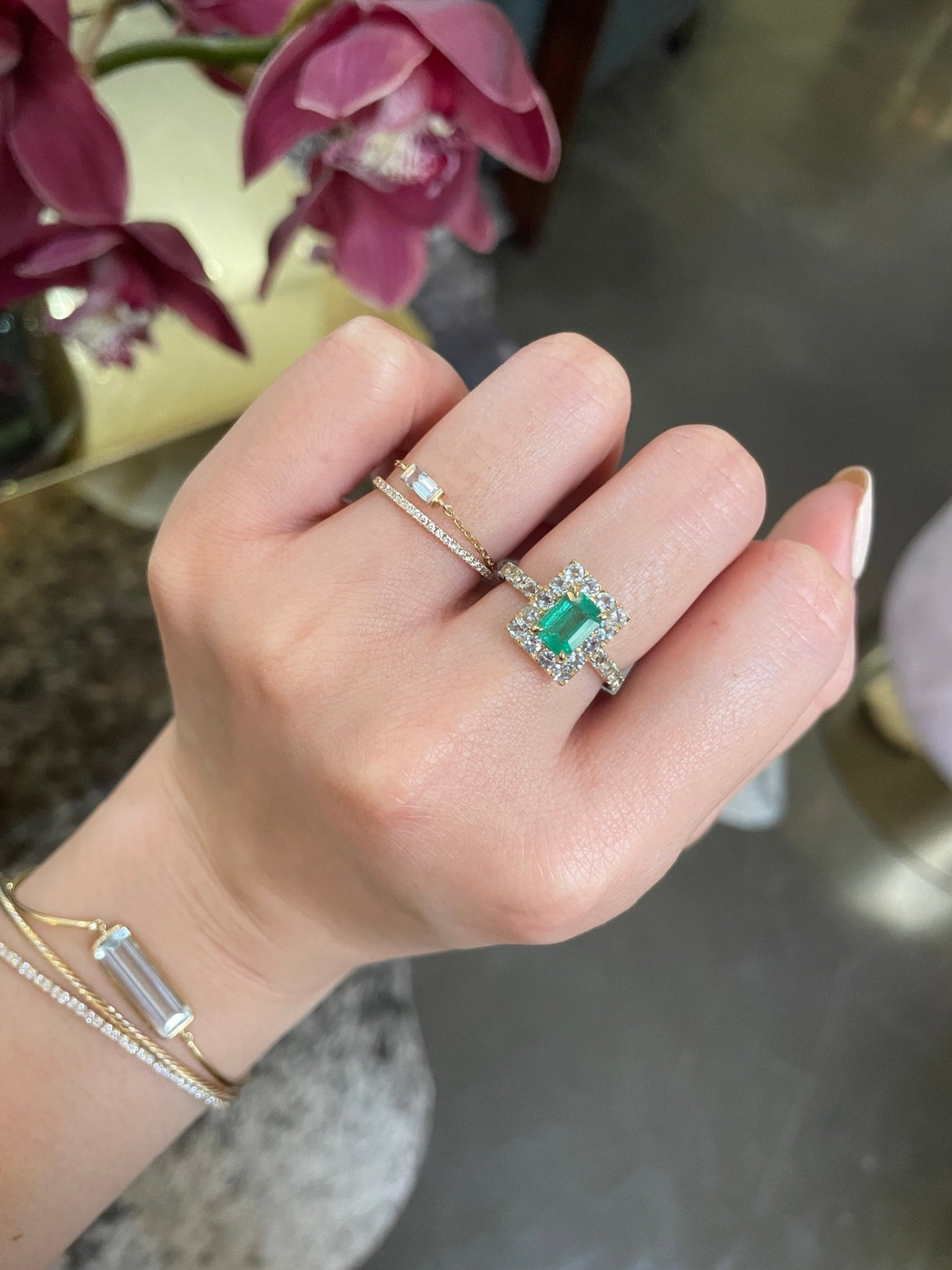 Emerald & Aquamarine Candy Ring 18K engagement ring on model 5