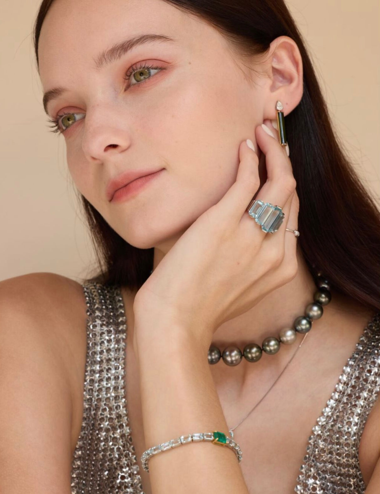 Emerald & Aquamarine Demeter’s Spring Bracelet 18k gold stackable design on model 3