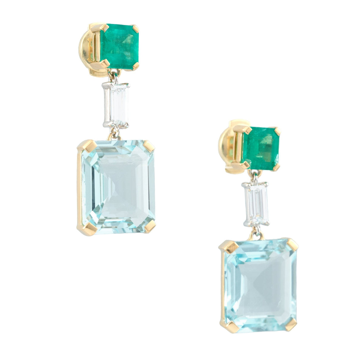 Emerald & Aquamarine Spring’s Dewdrop Earrings. Exquisite handcrafted 18k earrings by female artisans in our Bangkok studio. Vivid green emerald paired with aquamarines from Madagascar and emeralds from Gemfields. Sustainably sourced and adds just the right pop of color.