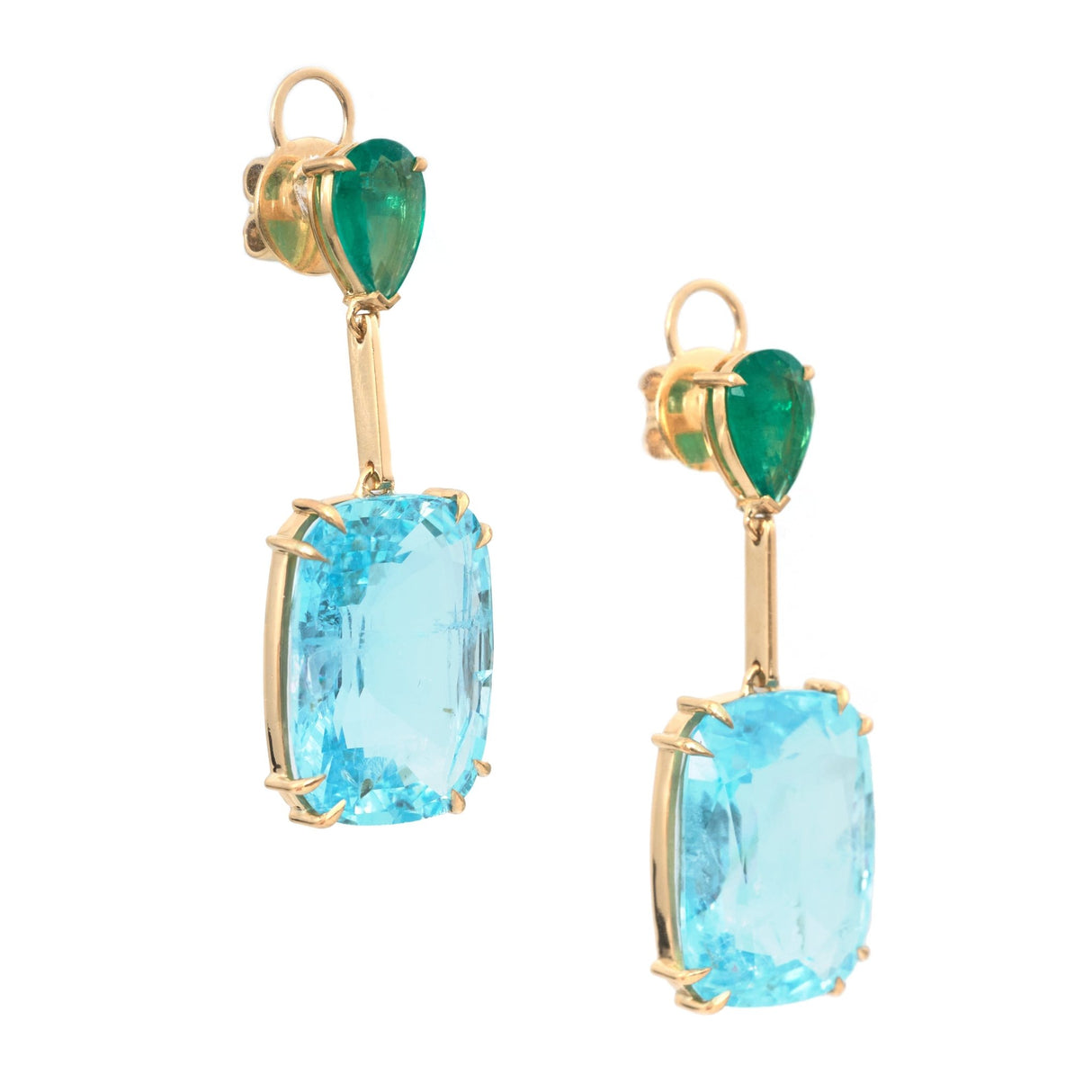 Emerald & Aquamarine Spring’s Dewdrop Earrings. Exquisite handcrafted 18k earrings by female artisans in our Bangkok studio. Vivid green emerald paired with aquamarines from Madagascar and emeralds from Gemfields. Sustainably sourced and adds just the right pop of color.