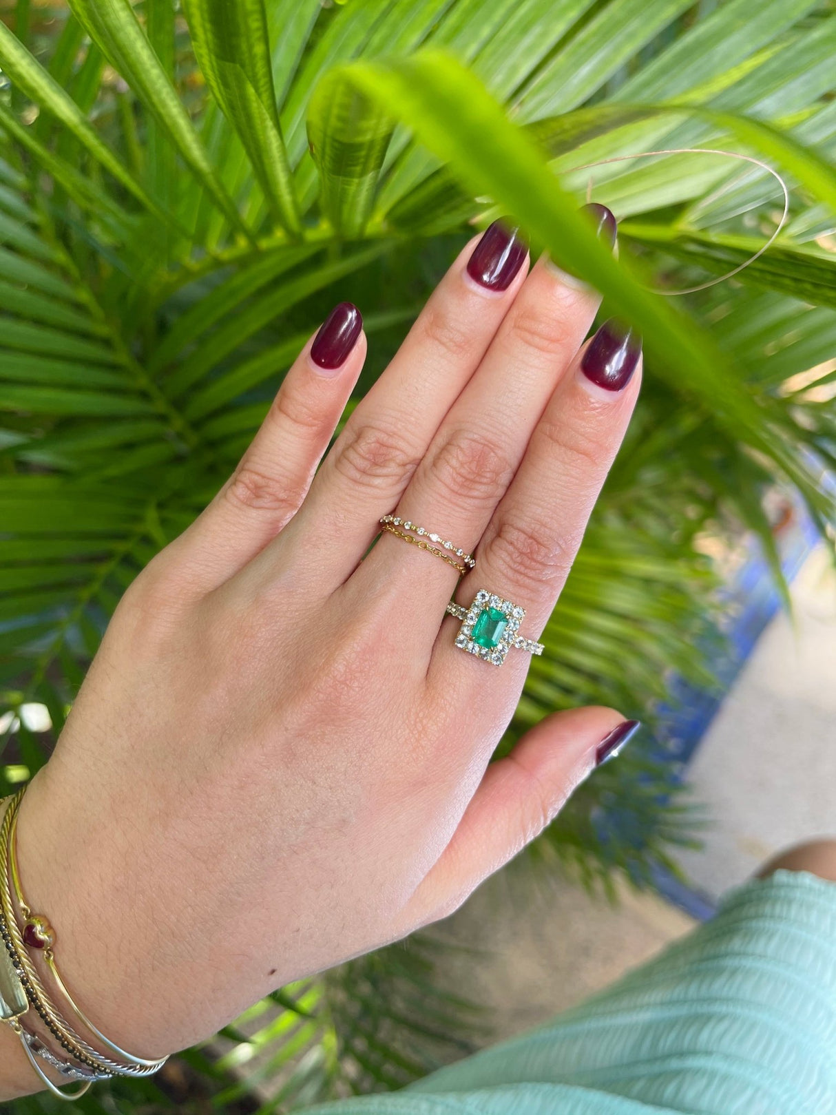 Emerald & Aquamarine Ring 18k gold Stackable ring on model