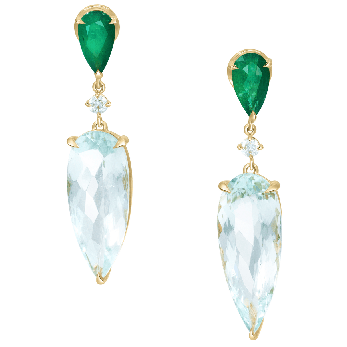 Emerald & Aquamarine Spring’s Dewdrop Earrings 18K Gold Handmade Fine Jewelry