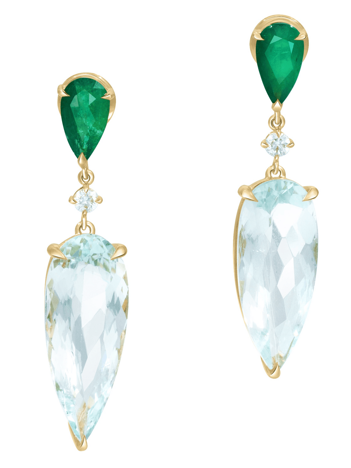 Emerald & Aquamarine Spring’s Dewdrop Earrings 18k gold Handmade fine jewelry