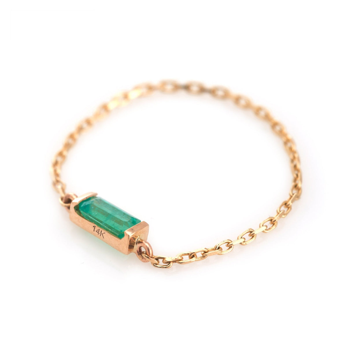 Emerald Baguette Chain Ring 14k gold Stackable ring side view