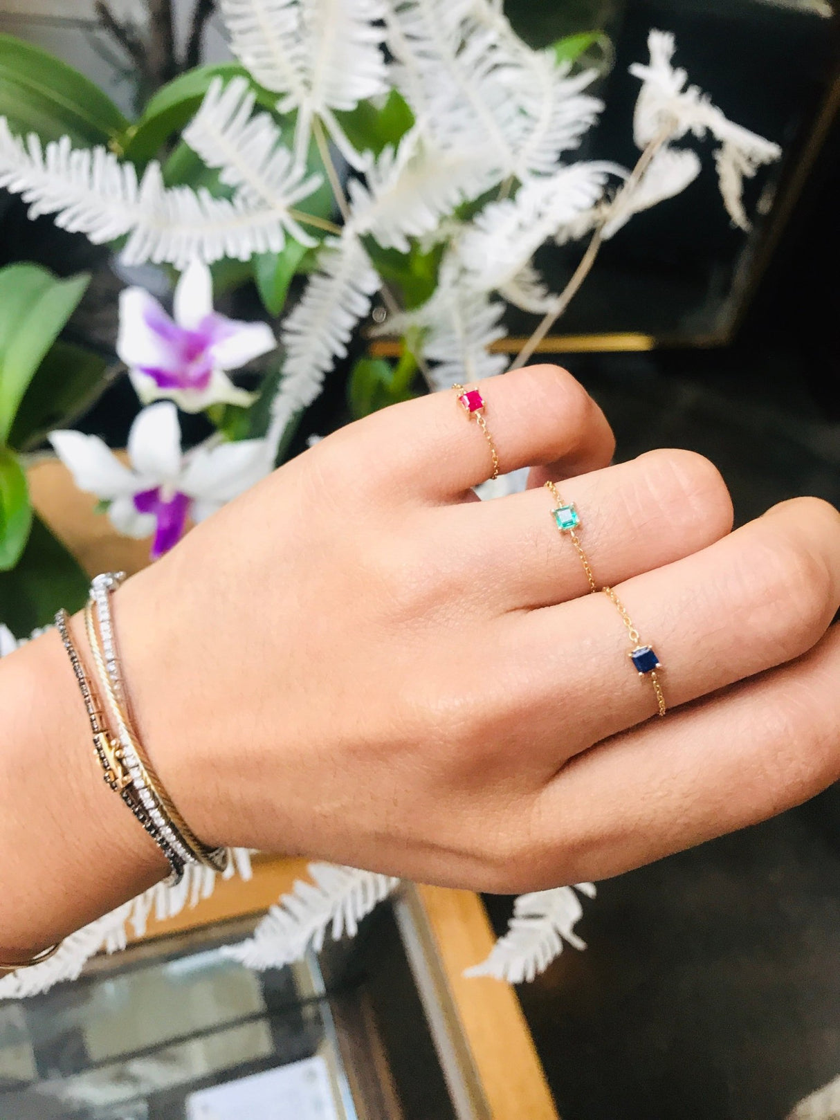 Emerald Chain Ring 14k gold Stackable ring on model