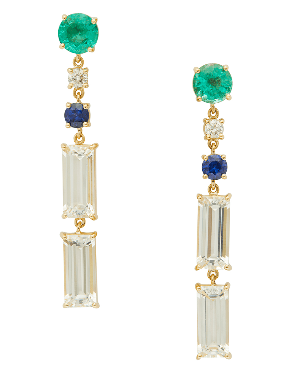 Emerald Diamond Sapphire & White Topaz Starry Nights Earrings 18K Gold Handmade Fine Jewelry