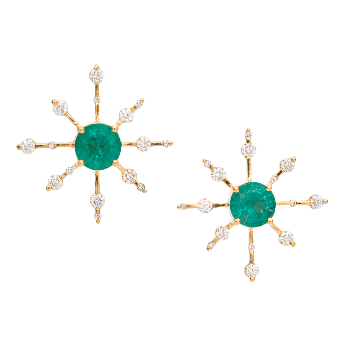Emerald & Diamond Starburst Earrings 18K Gold Handmade Fine Jewelry