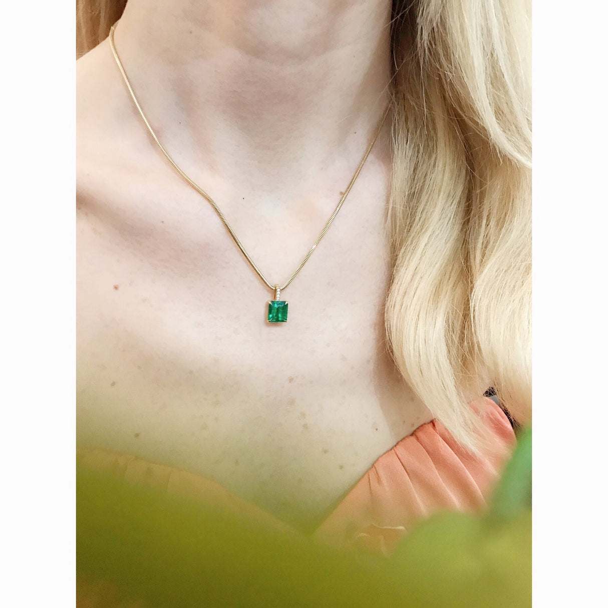 Emerald & Diamond Supreme Bar Necklace 18K gold handmade fine jewelry on model
