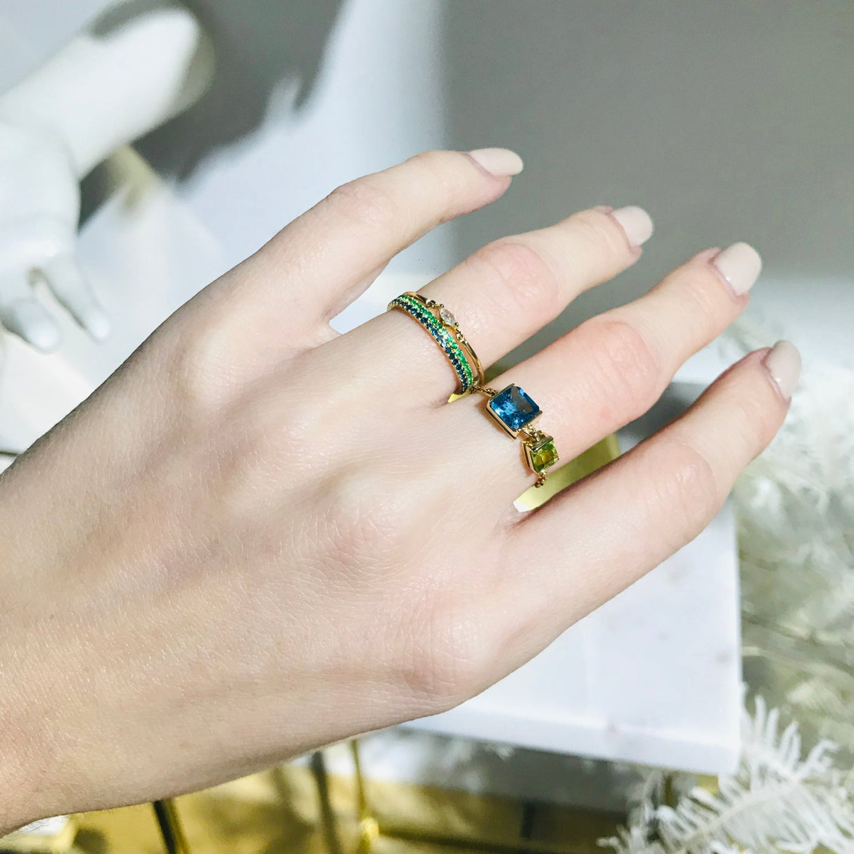 Emerald Infinity Ring 18k gold stackable ring on model