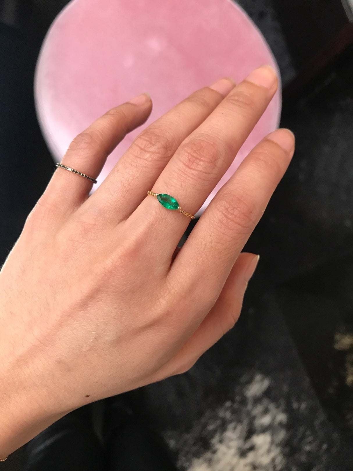 Emerald Marquise Supreme Chain Ring 18k gold Stackable ring on model