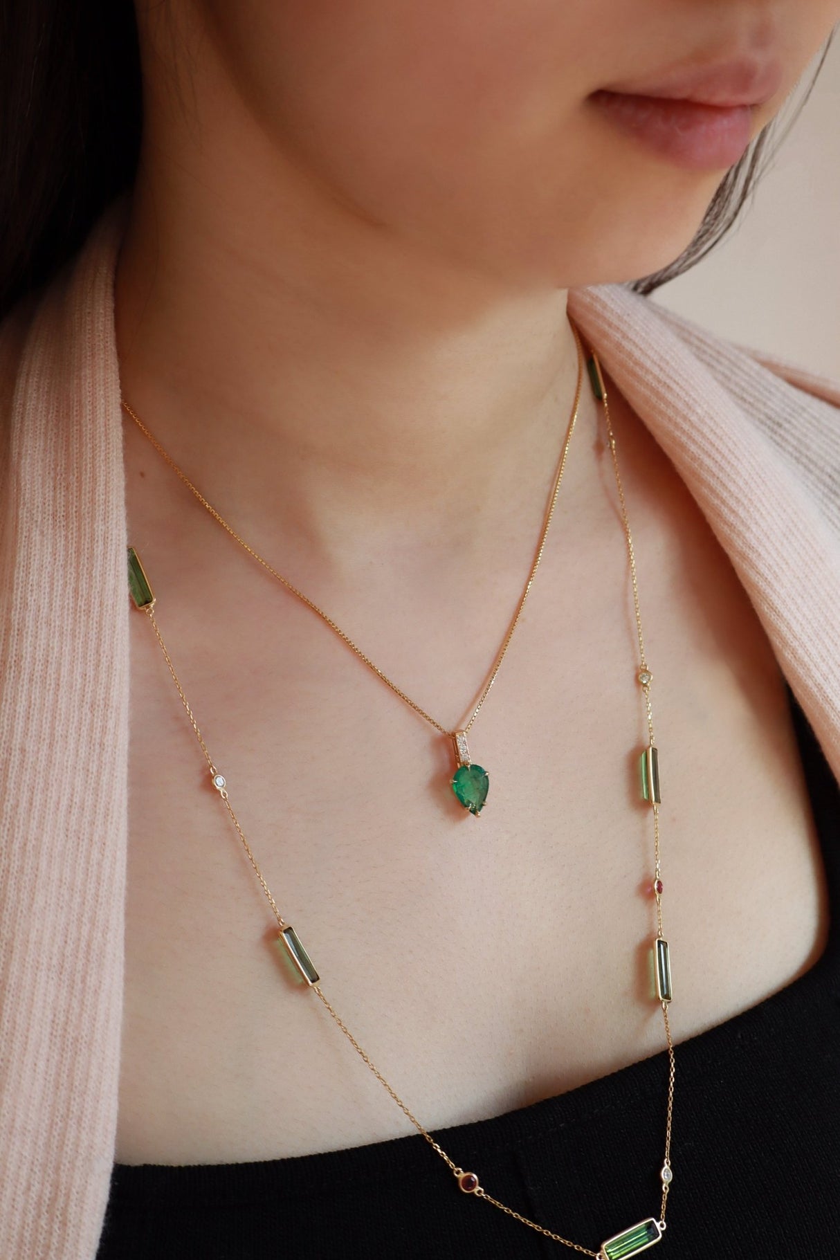 Emerald Pendant ( with 3 Diamond ) 18k gold stackable design on model