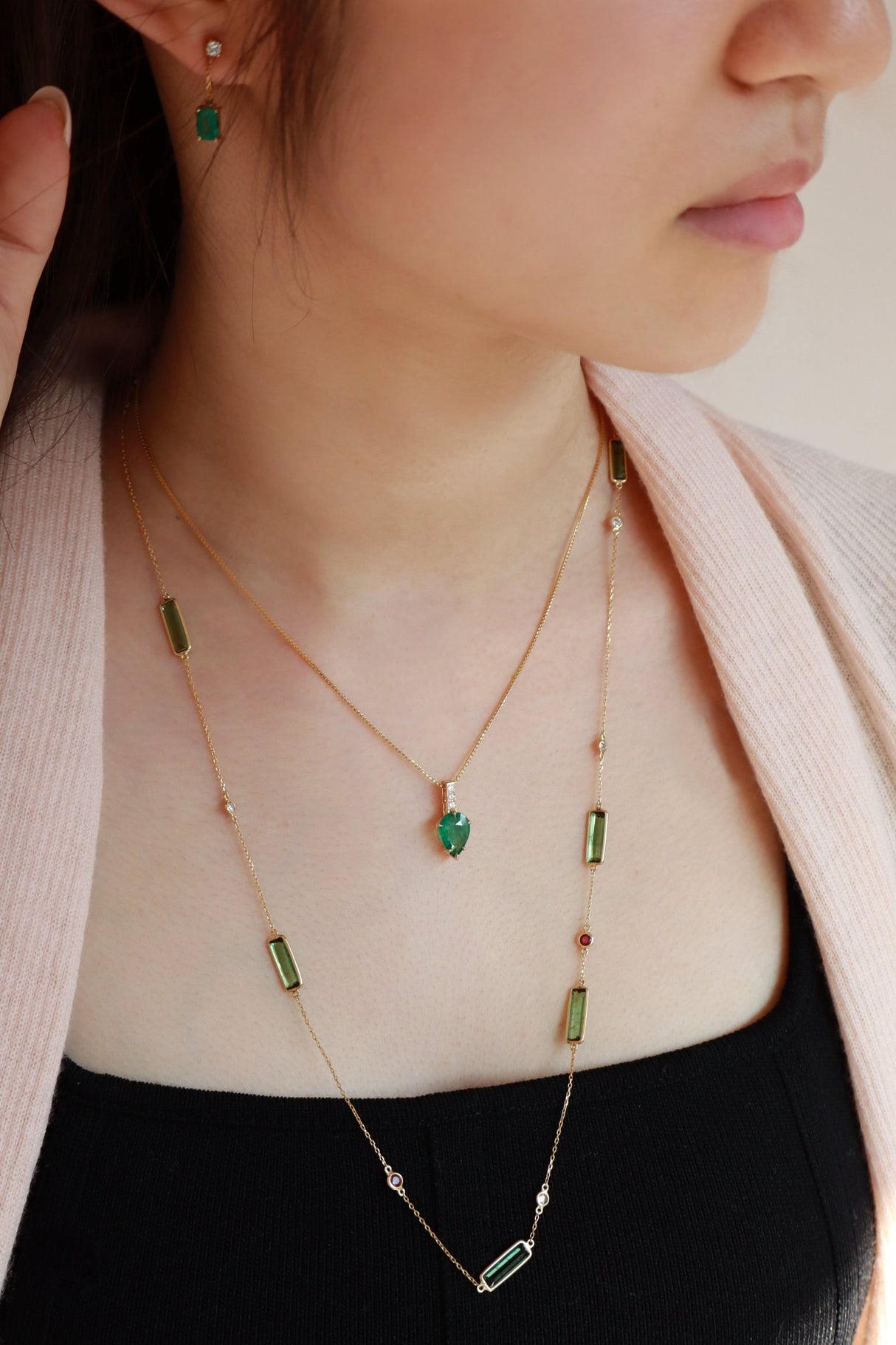 Emerald Pendant ( with 3 Diamond ) 18k gold stackable design on model 2