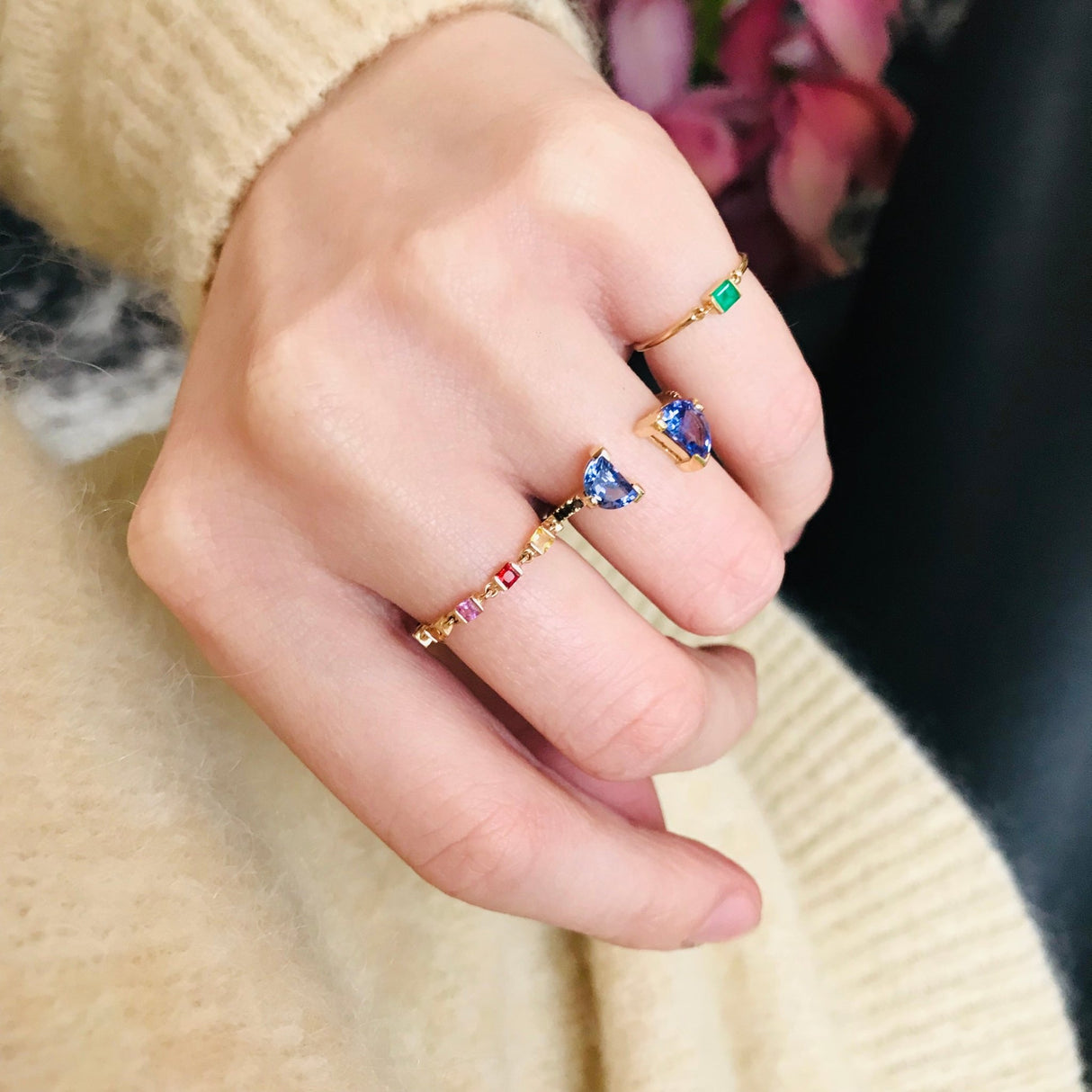 Emerald Petite Circle Ring 14k gold stackable ring on model 3