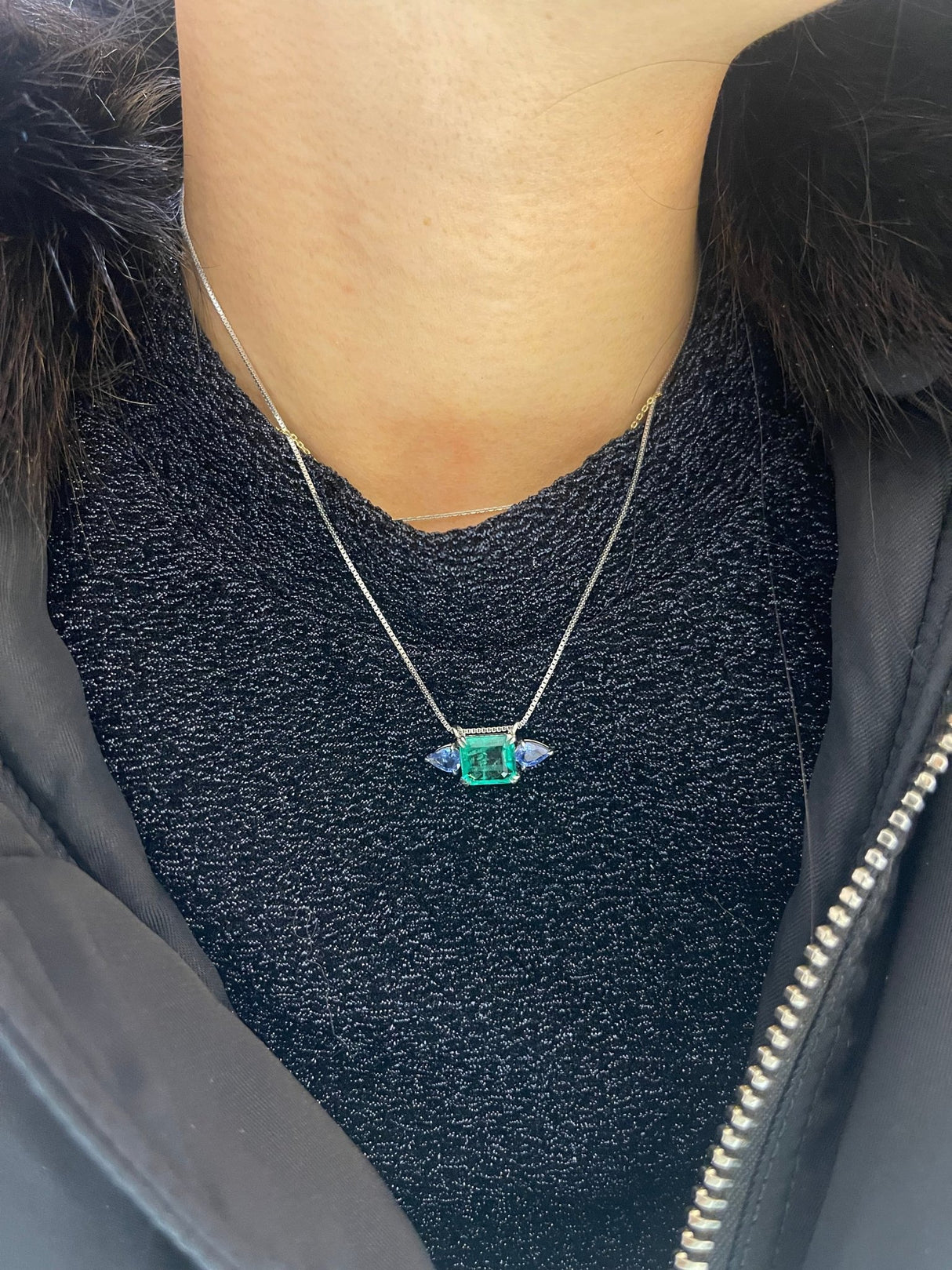 Emerald & Sapphire Nexus Pendant Necklace 18k handmade fine jewelry on model 2