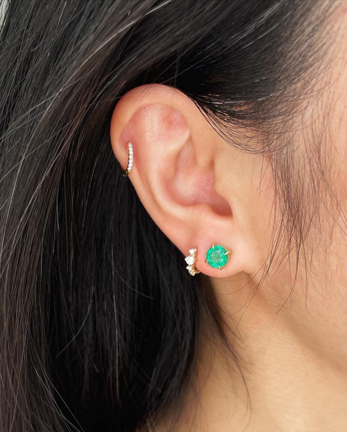 Emerald Supreme Studs 18k gold Handmade fine jewelry on model