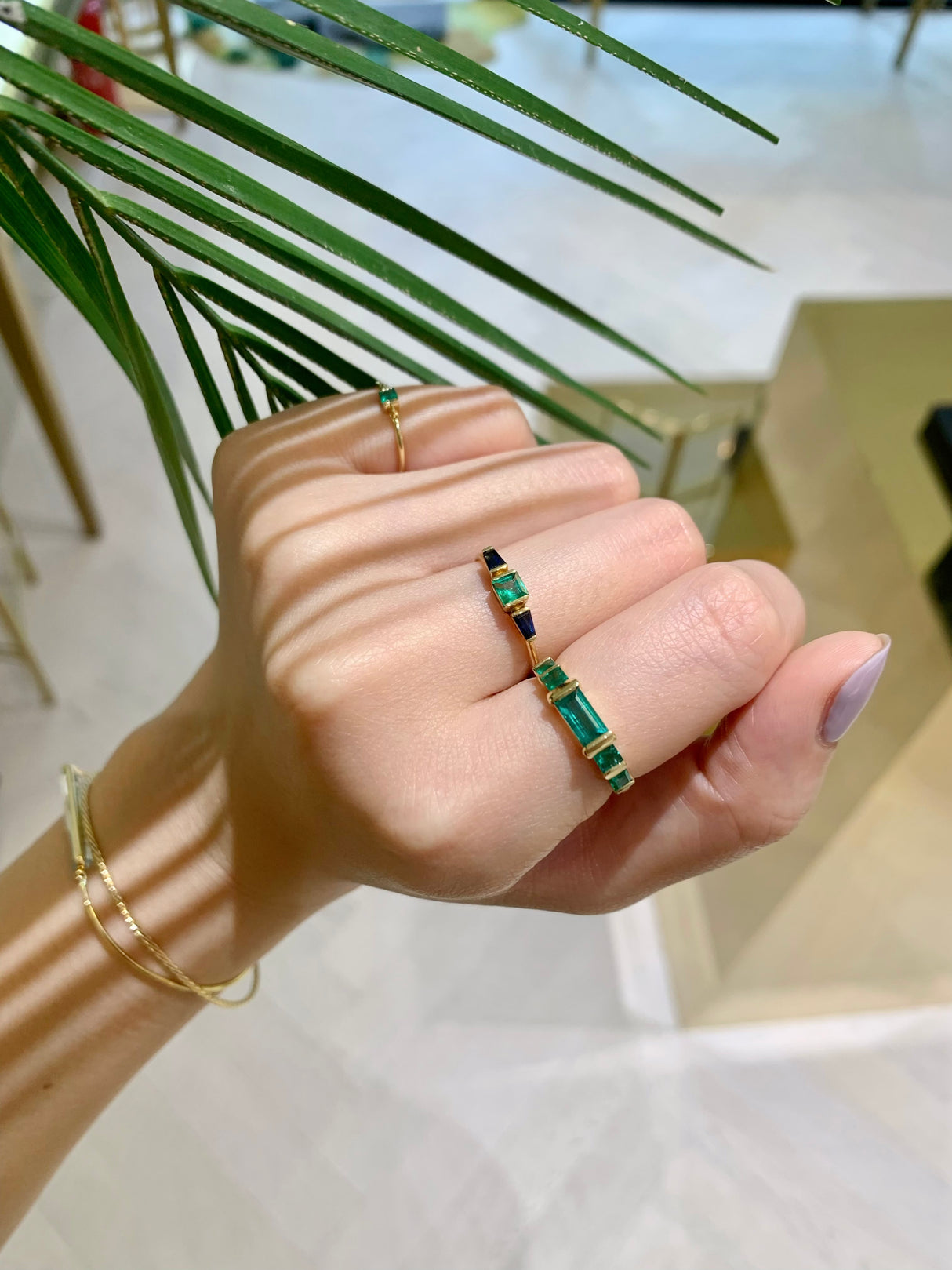 Emeralds Petite Rhythm Ring 18k gold Stackable ring on model