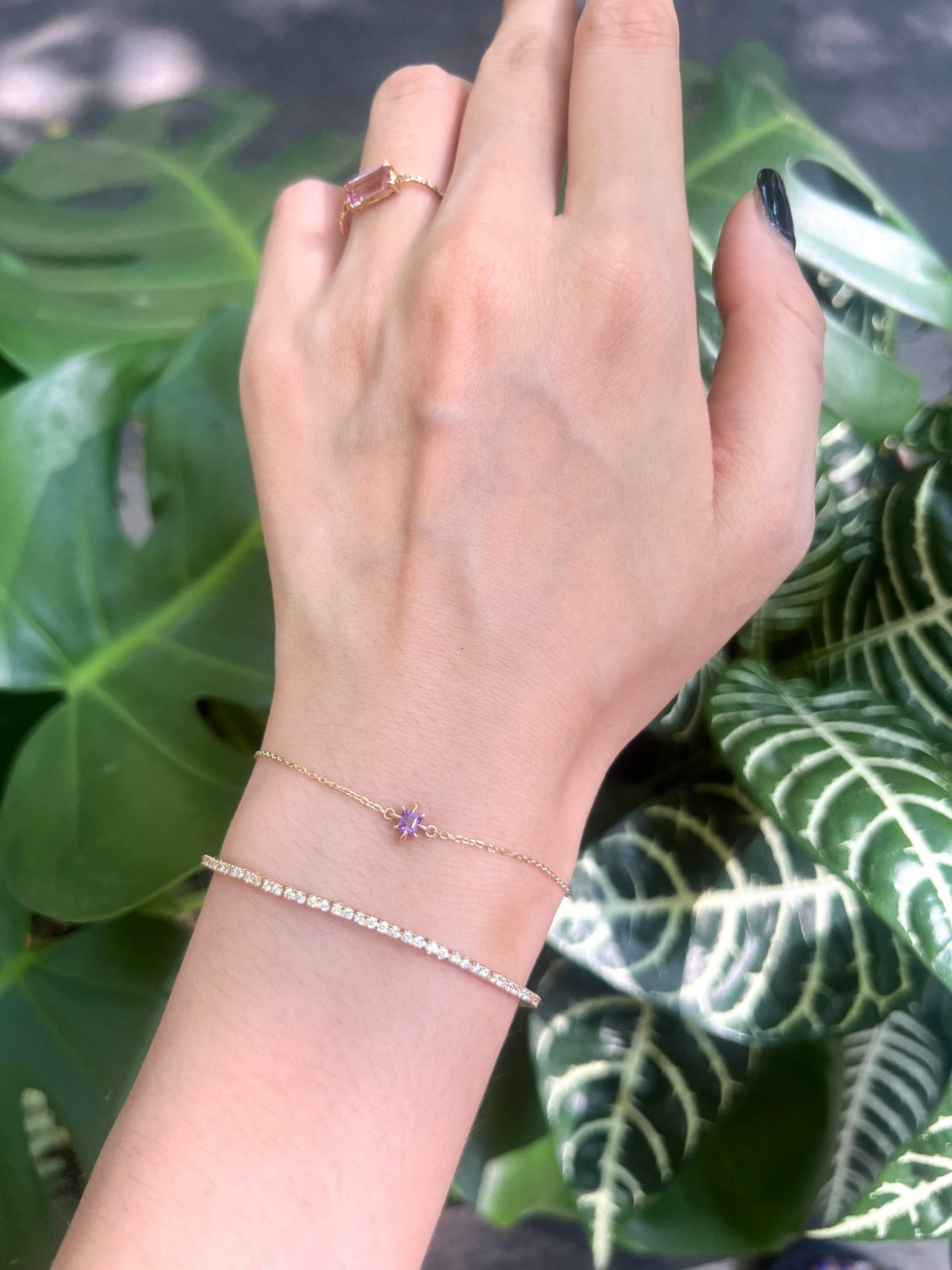 February Birthstone Amethyst Bracelet 14k gold stackable design on model 2