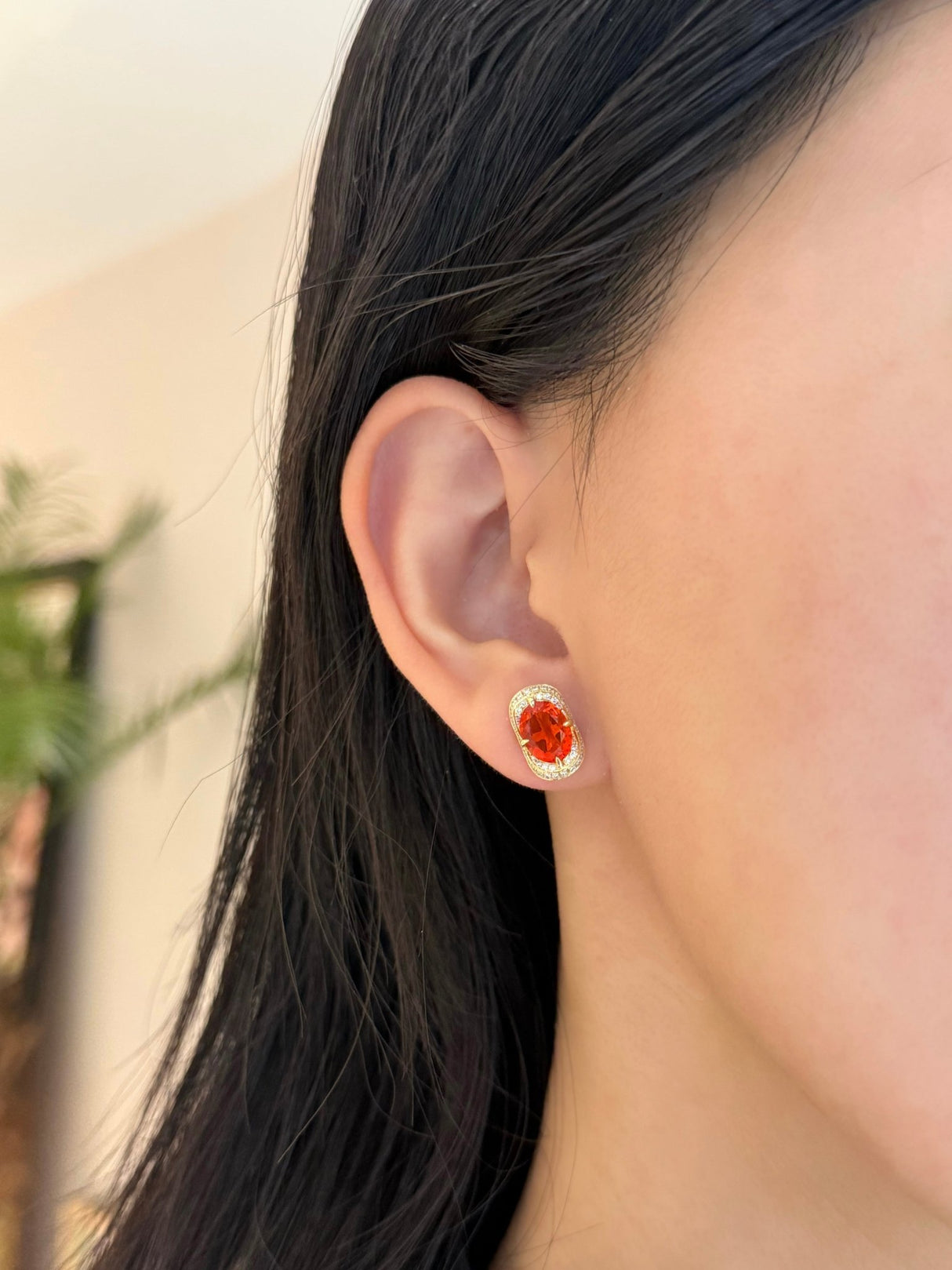 Fire Opal Aurora Earring 18k gold Handmade fine jewelry on model