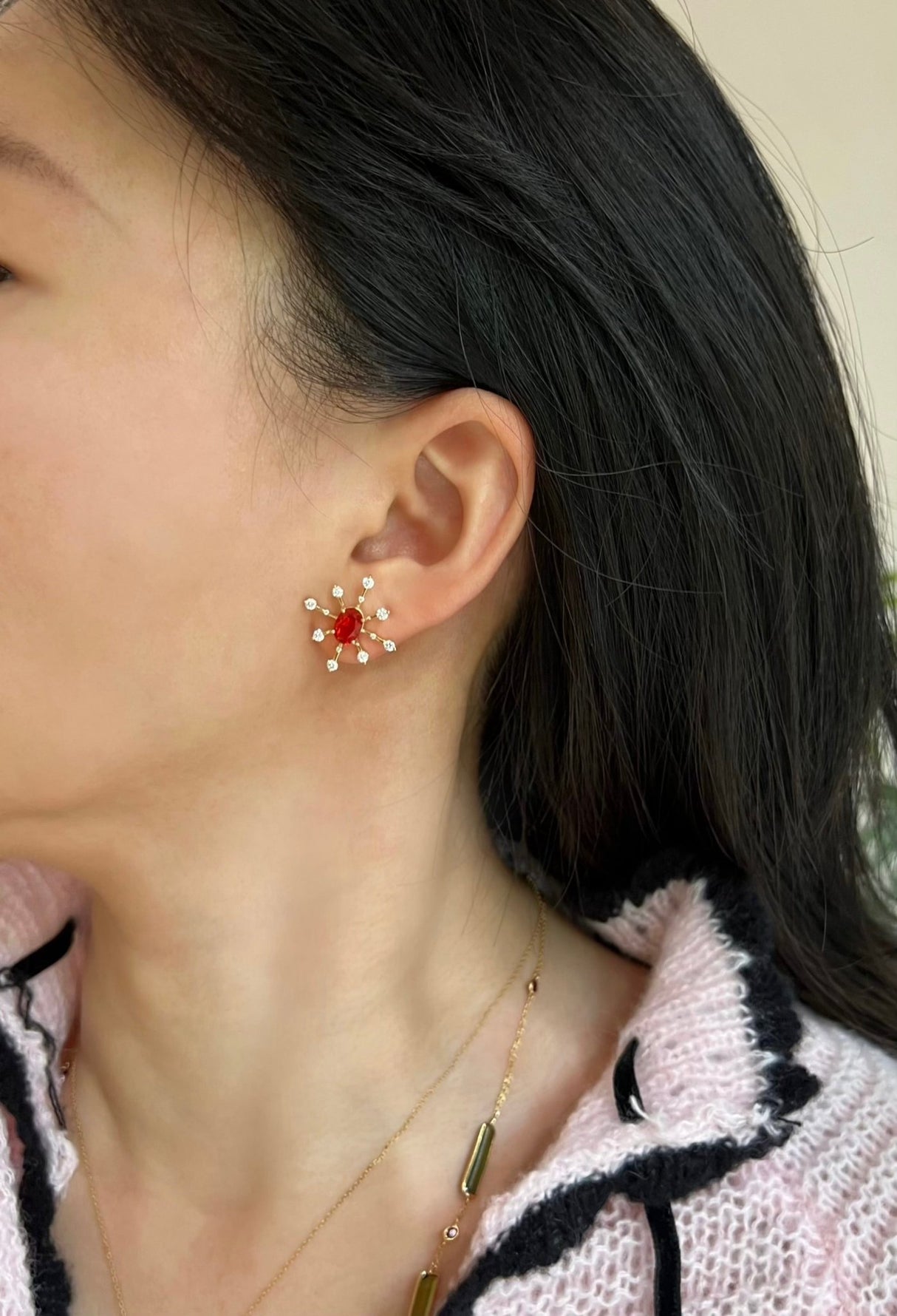 Fire Opal Supernova Earrings on model