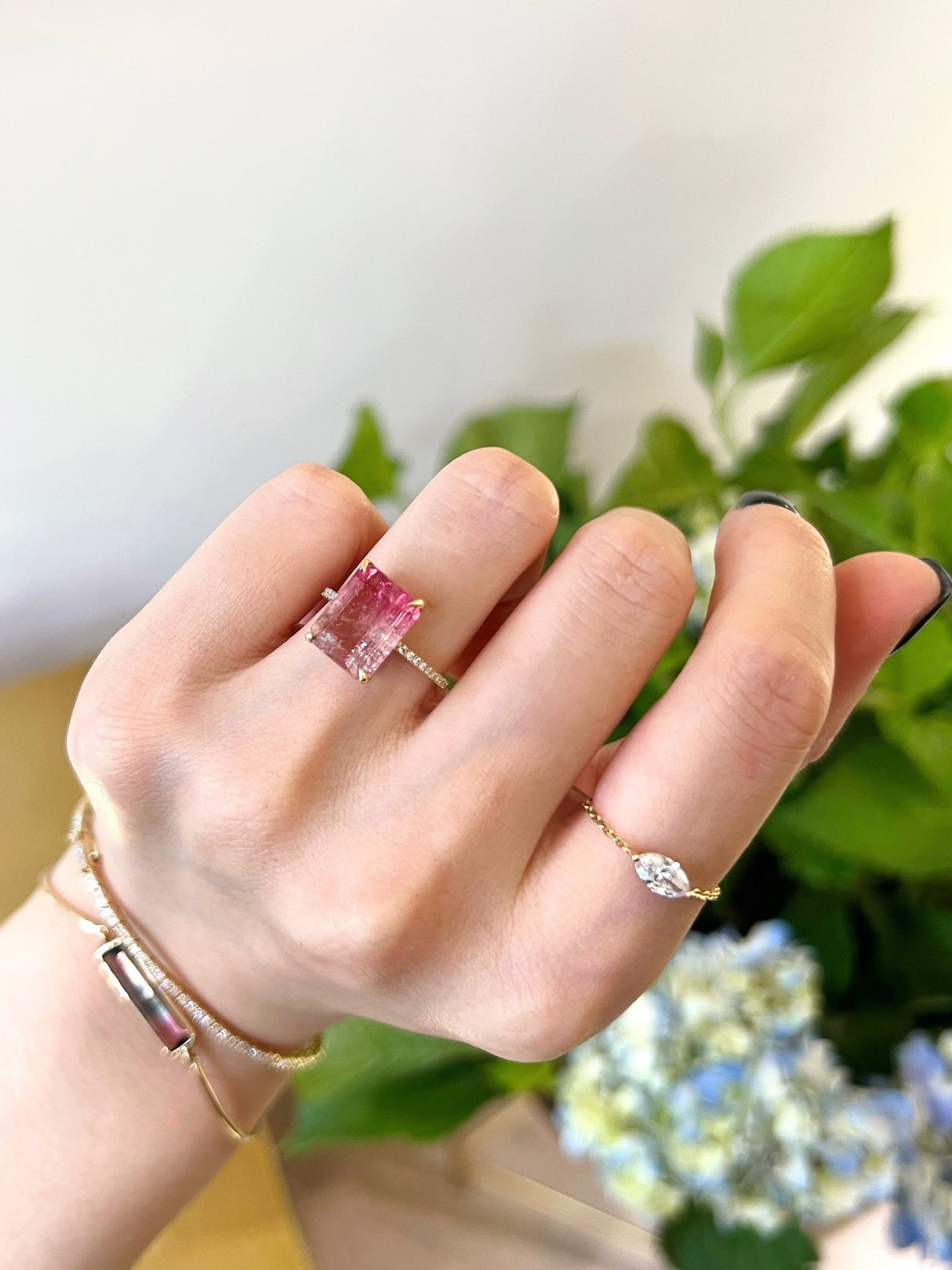 Flamingo Watermelon Tourmaline & Diamond Ring 18k gold engagement ring on model