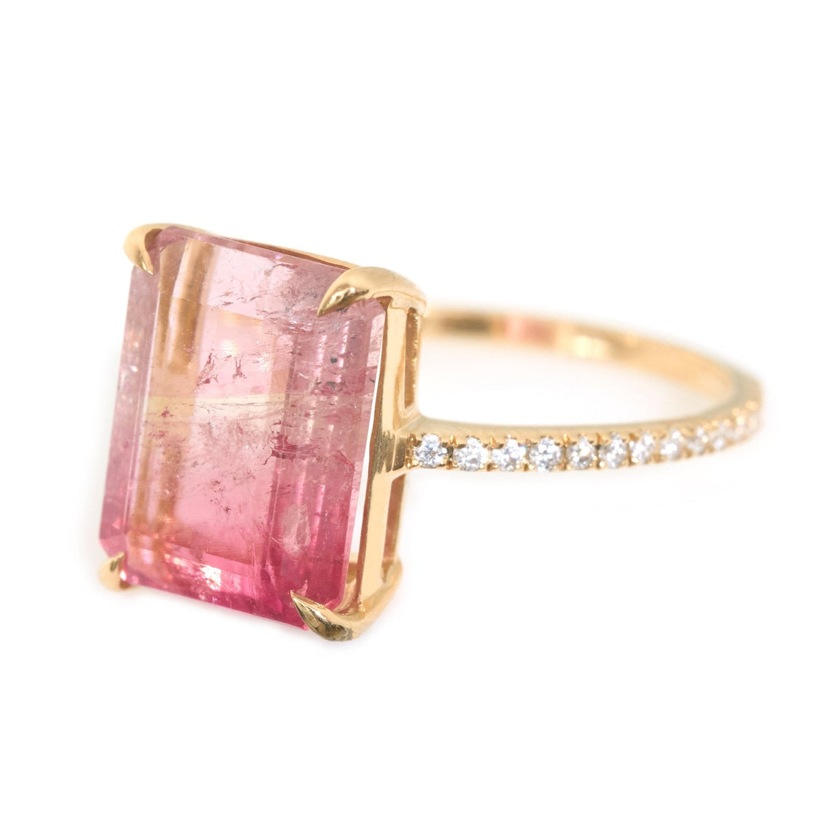 Flamingo Watermelon Tourmaline & Diamond Ring 18k gold engagement ring side view