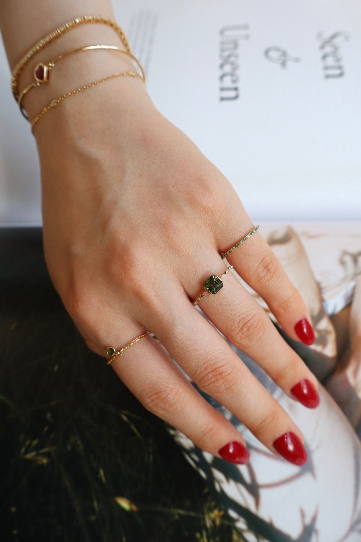Green Tourmaline Petite Circle Diamond Ring 14k gold stackable ring 1 on model 2