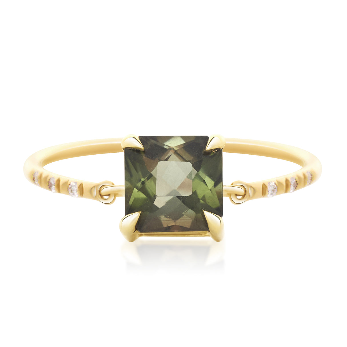 French Cut Green Tourmaline Petite Circle Diamond Ring 18k gold engagement ring
