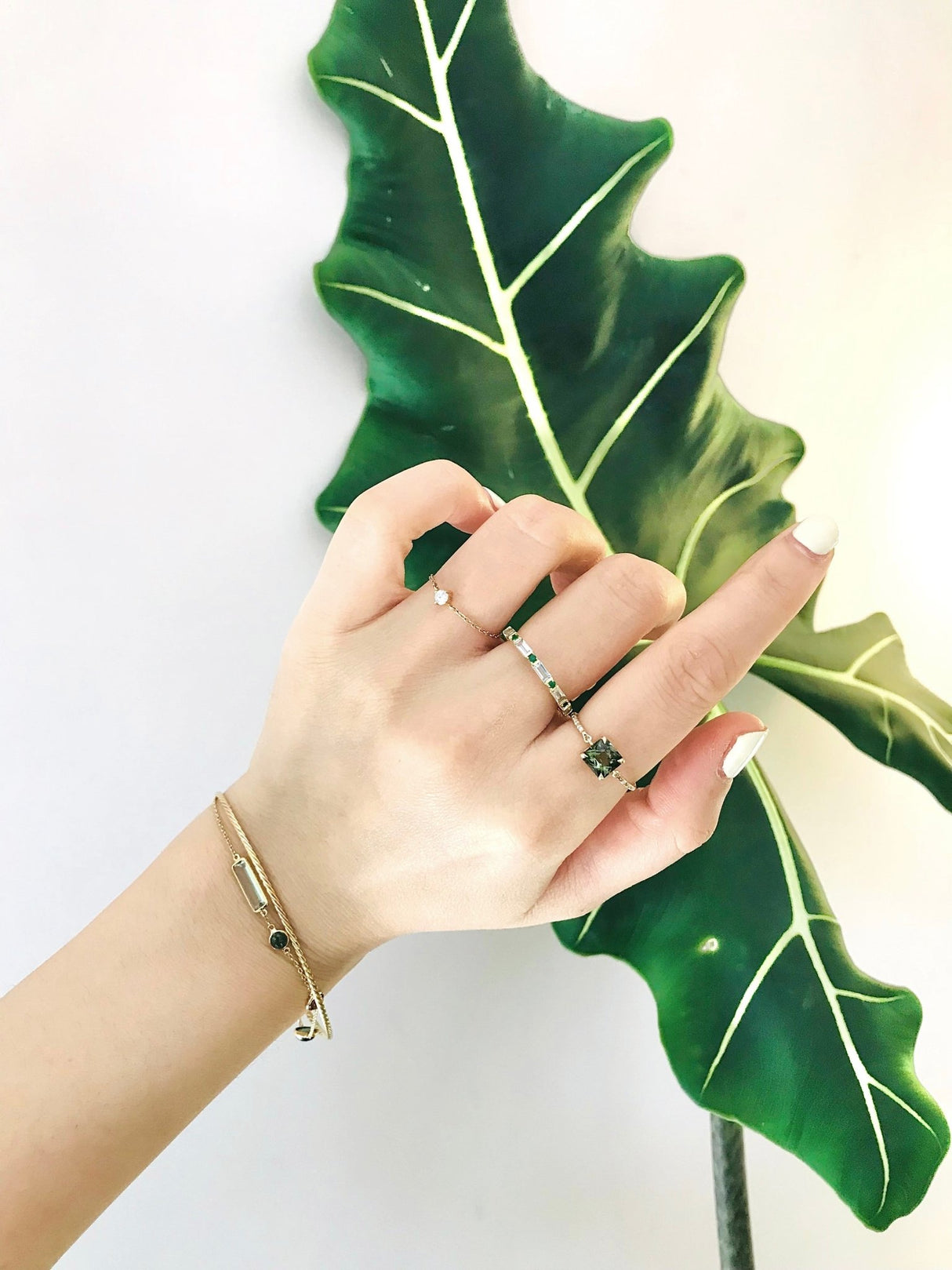 French Cut Green Tourmaline Petite Circle Diamond Ring 18k gold engagement ring on model 2