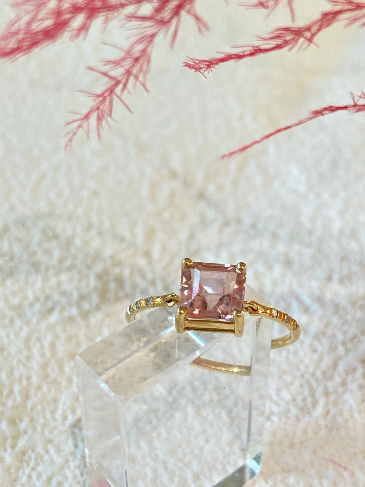 French Cut Pink Tourmaline Petite Circle Diamond Ring 18k gold stackable ring 2