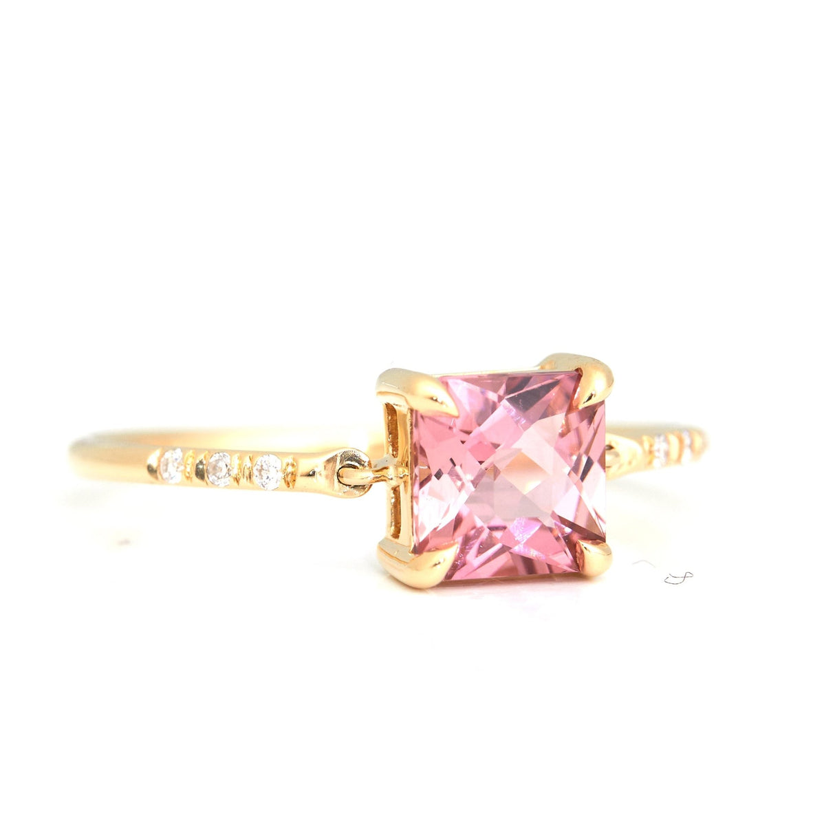 French Cut Pink Tourmaline Petite Circle Diamond Ring 18k gold stackable ring side view