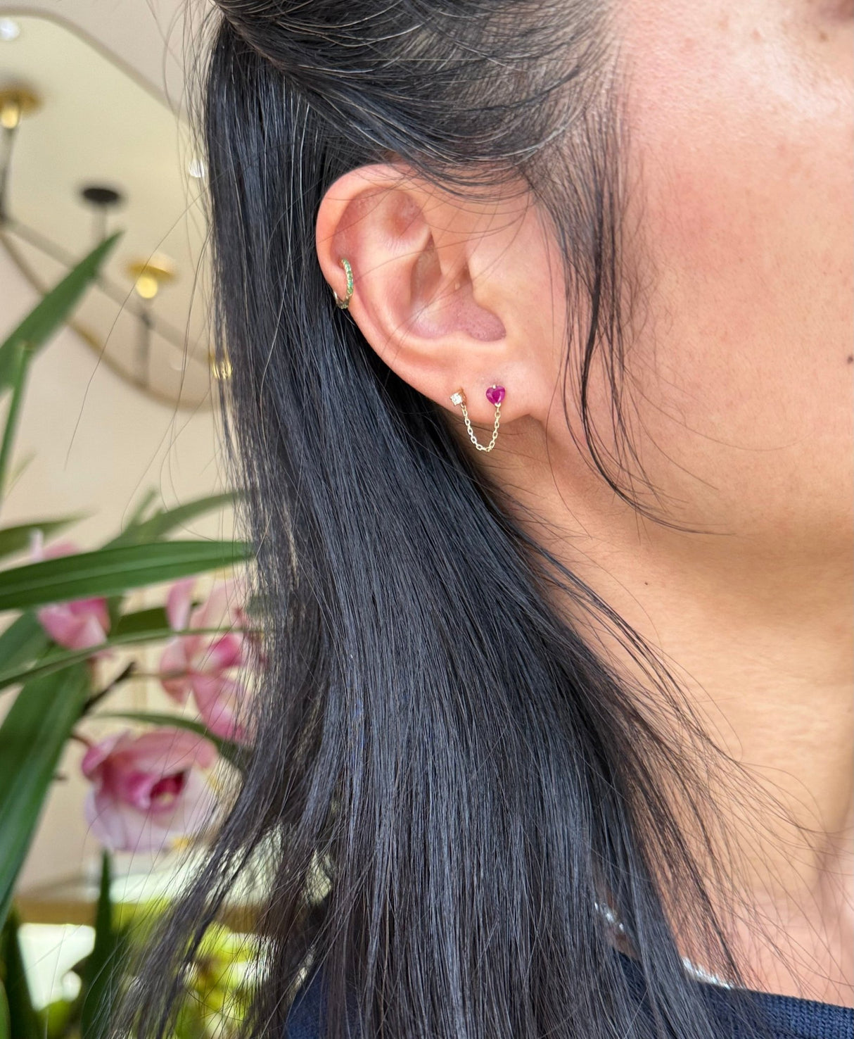 Gemstone Heart & Diamond Chain Earring