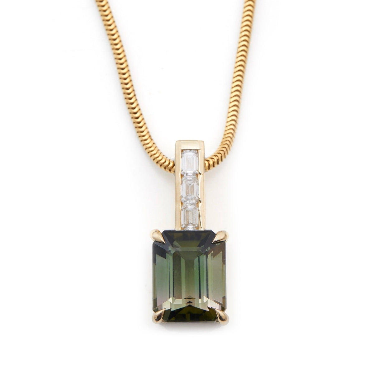 Green Ombre Tourmaline & Diamond Bar Pendant Necklace 18k handmade fine jewelry