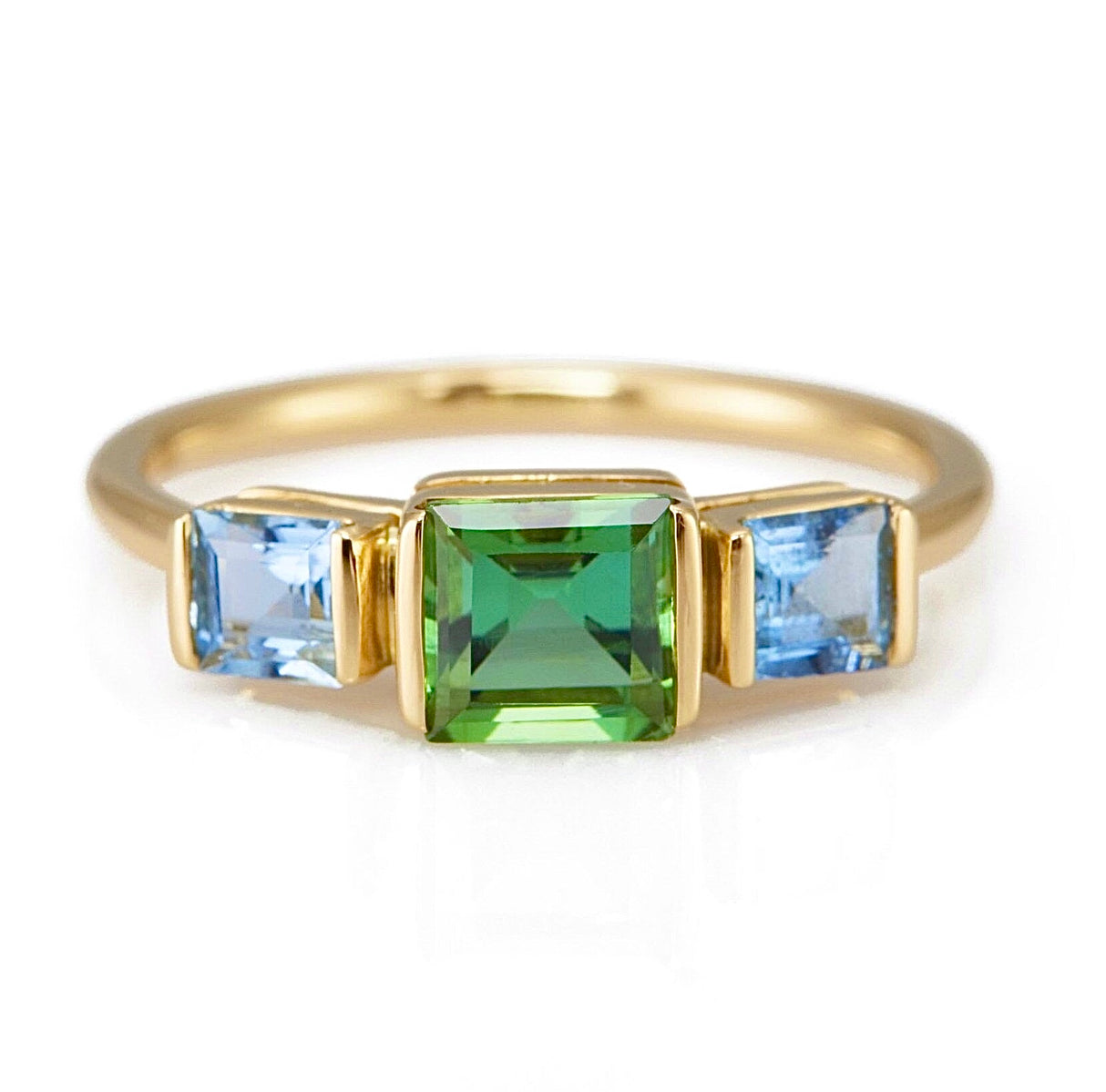 Green Tourmaline & Aquamarine Triplet Ring 18k gold Stackable ring