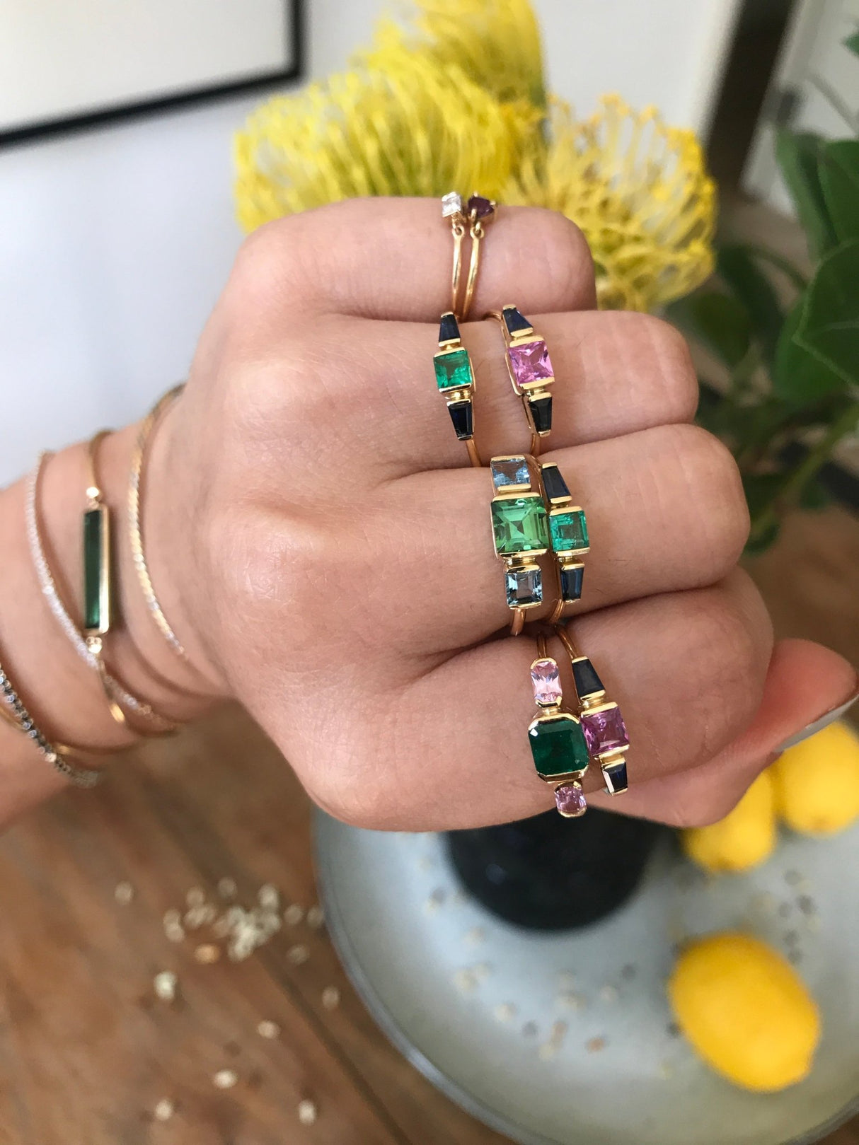 Green Tourmaline & Aquamarine Triplet Ring 18k gold Stackable ring on hand