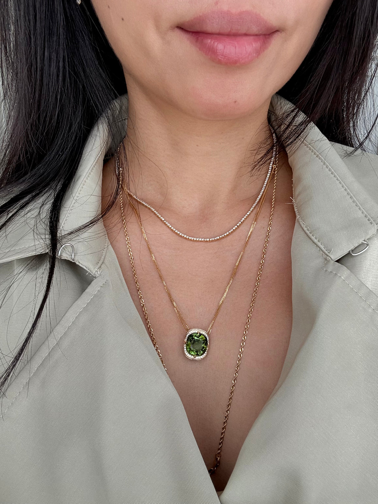 Green Tourmaline Aurora Supreme 18k gold handmade fine jewelry Necklace on model