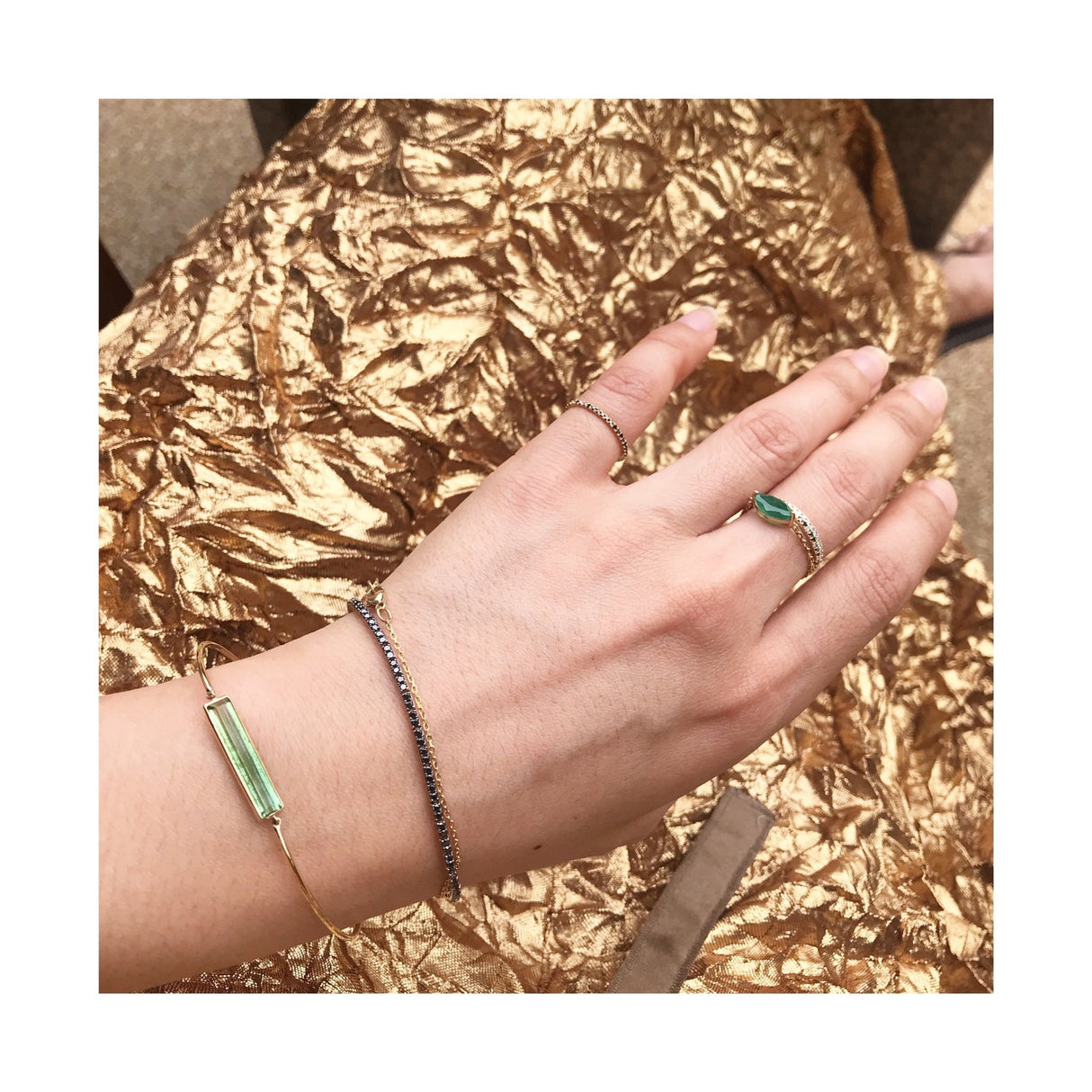 Green Tourmaline Bar Bangle 18k gold stackable design on model