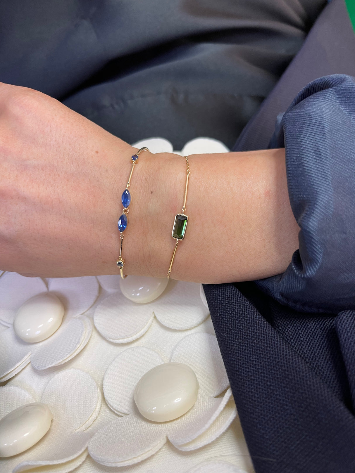 Green Tourmaline Bar Bracelet 18k gold stackable design on model