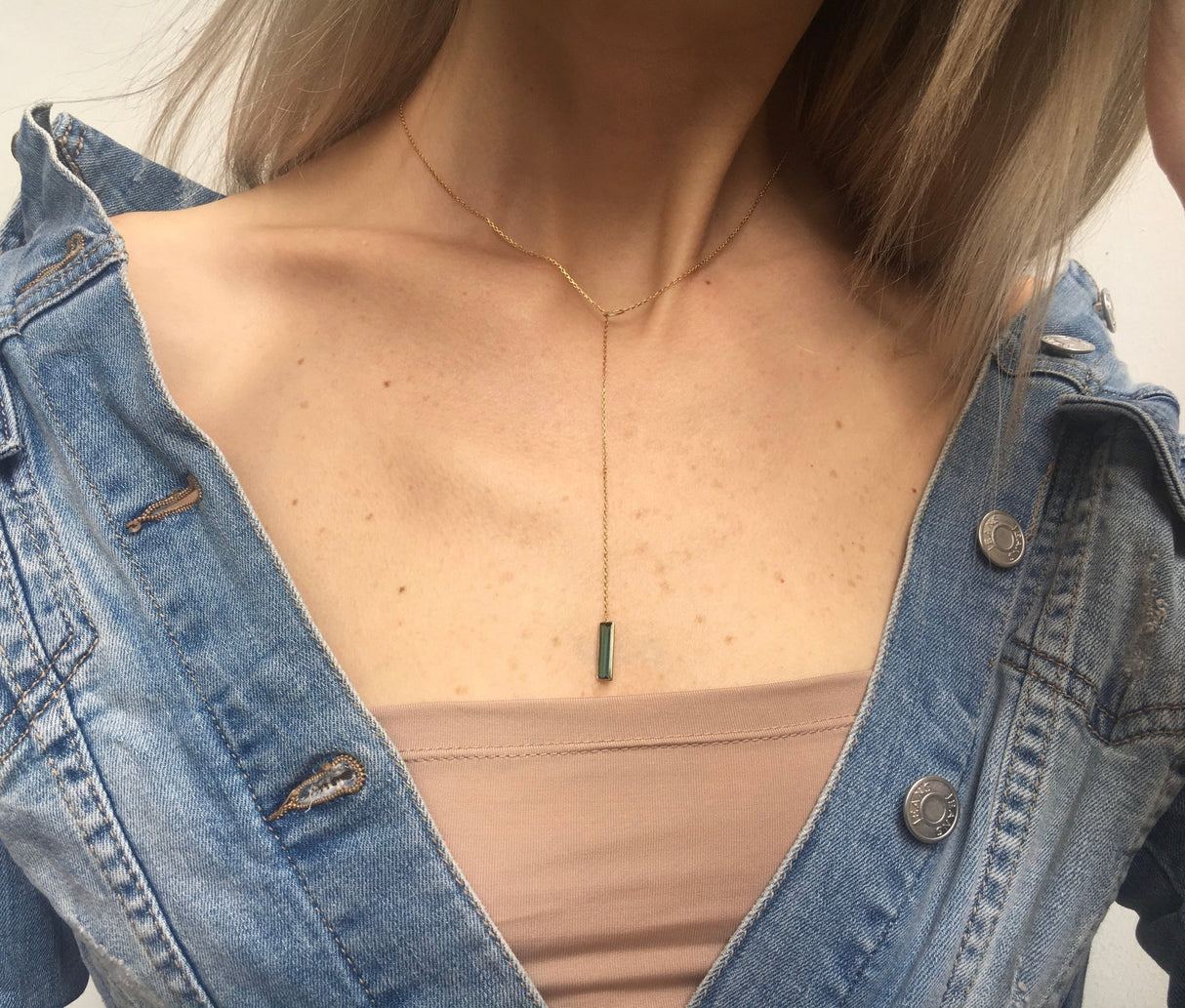 Green Tourmaline Lariat Bar Necklace 18k handmade fine jewelry on model 2