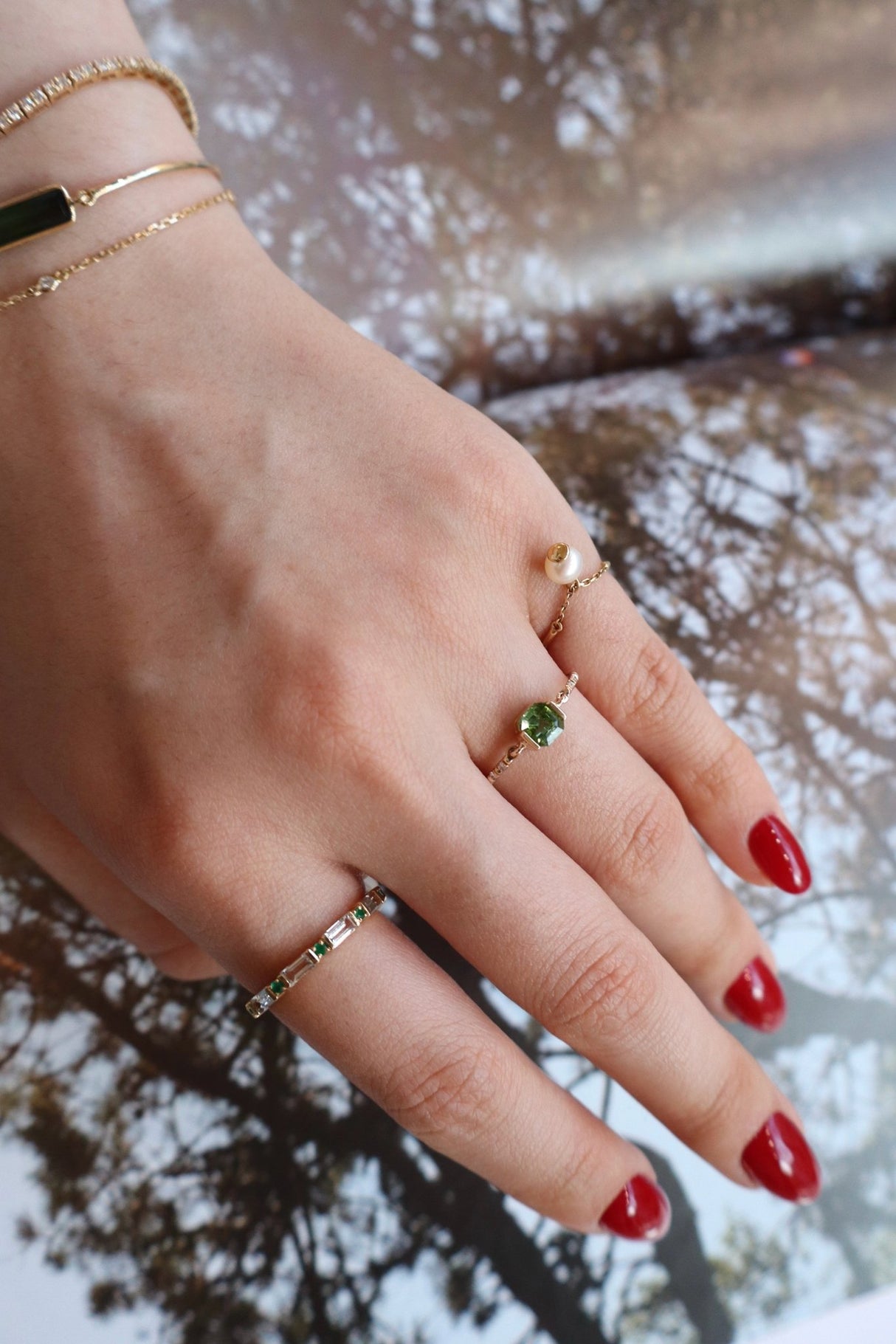 Green Tourmaline Petite Circle Diamond Ring 14k gold stackable ring 3 on model