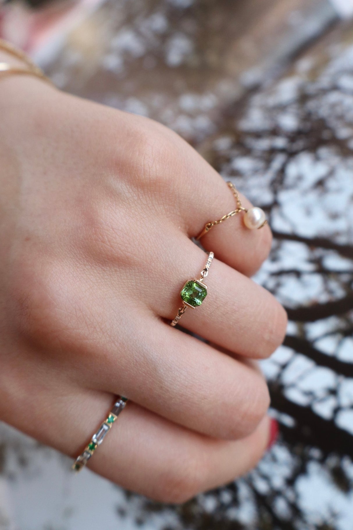 Green Tourmaline Petite Circle Diamond Ring 14k gold stackable ring 3 on model 2