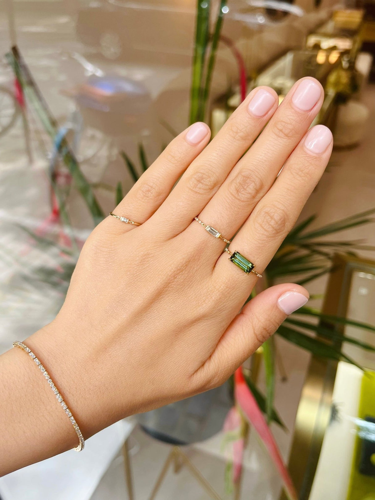 Green Tourmaline Petite Circle Diamond Ring 18k gold stackable ring on model 2