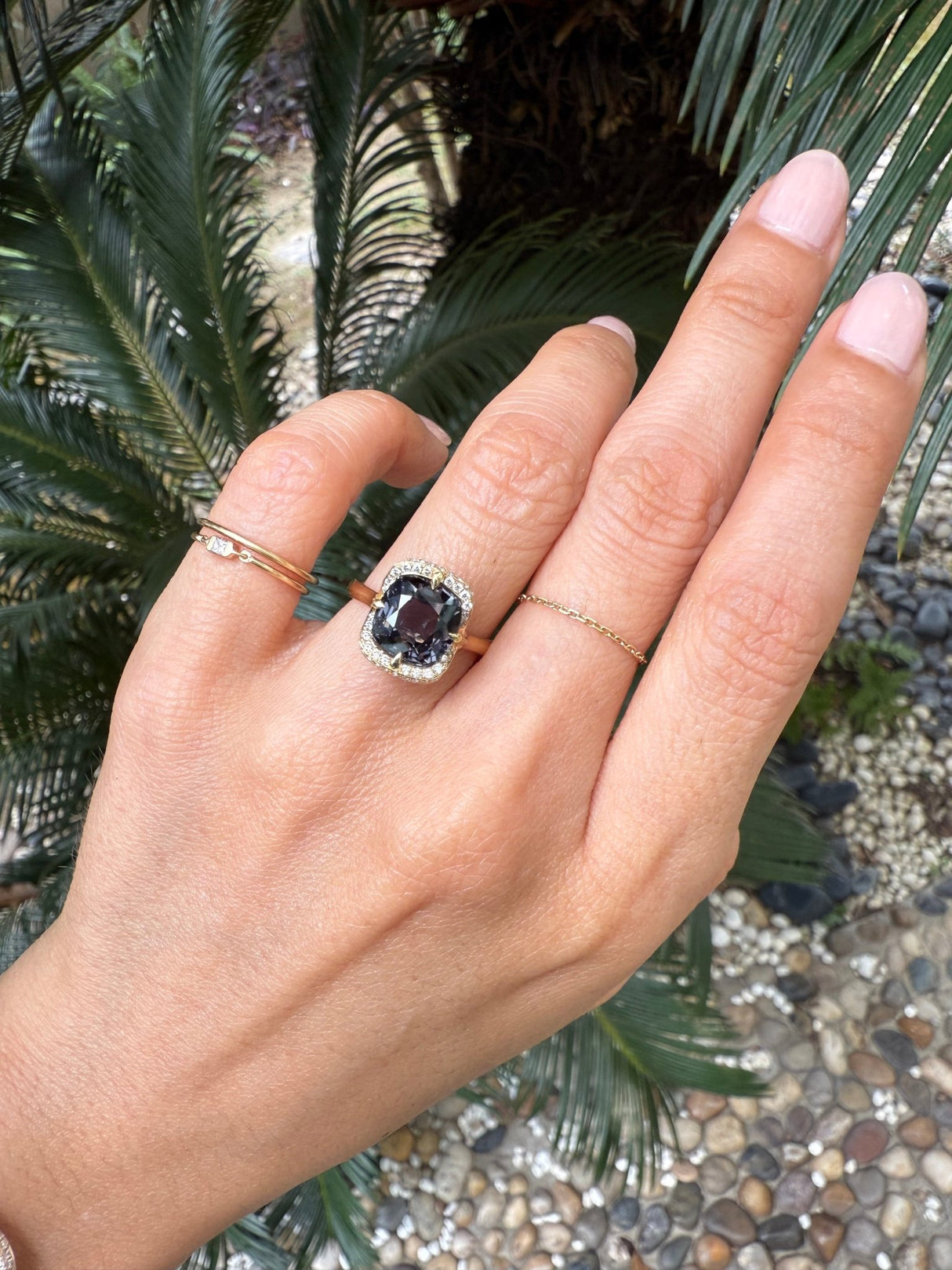 Grey Spinel Aurora Ring 18k gold engagement ring on model